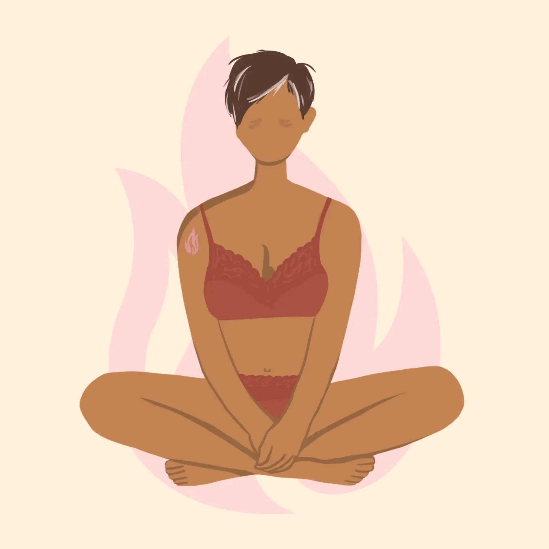 Illustration d'une femme en lingerie bordeaux assise en tailleur avec un tatouage flamme – reconnexion à soi et sexualité épanouie pour les mamans