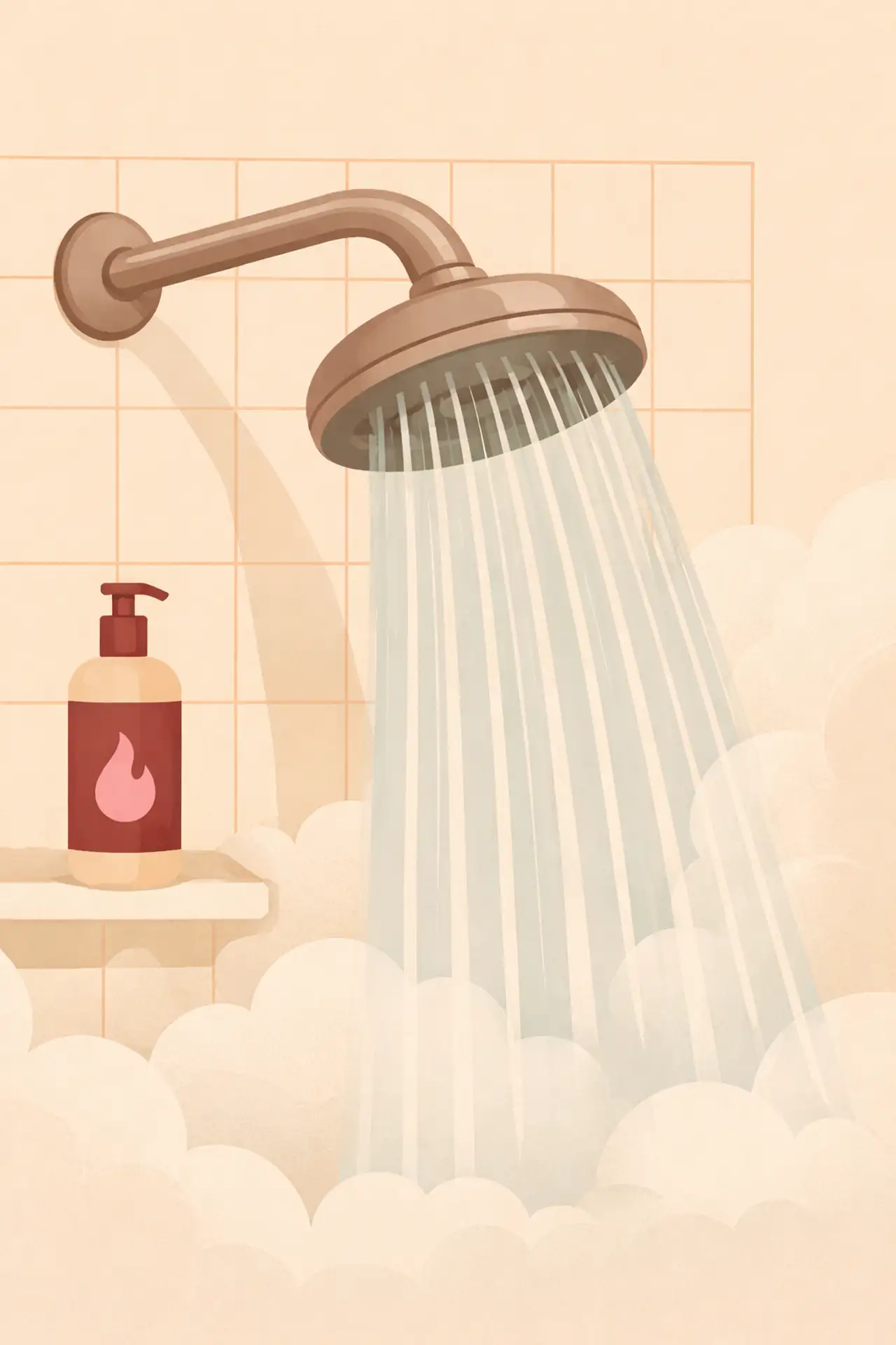 Illustration d'une douche vapeur avec un flacon au logo MamaSutra – histoire érotique pour mamans