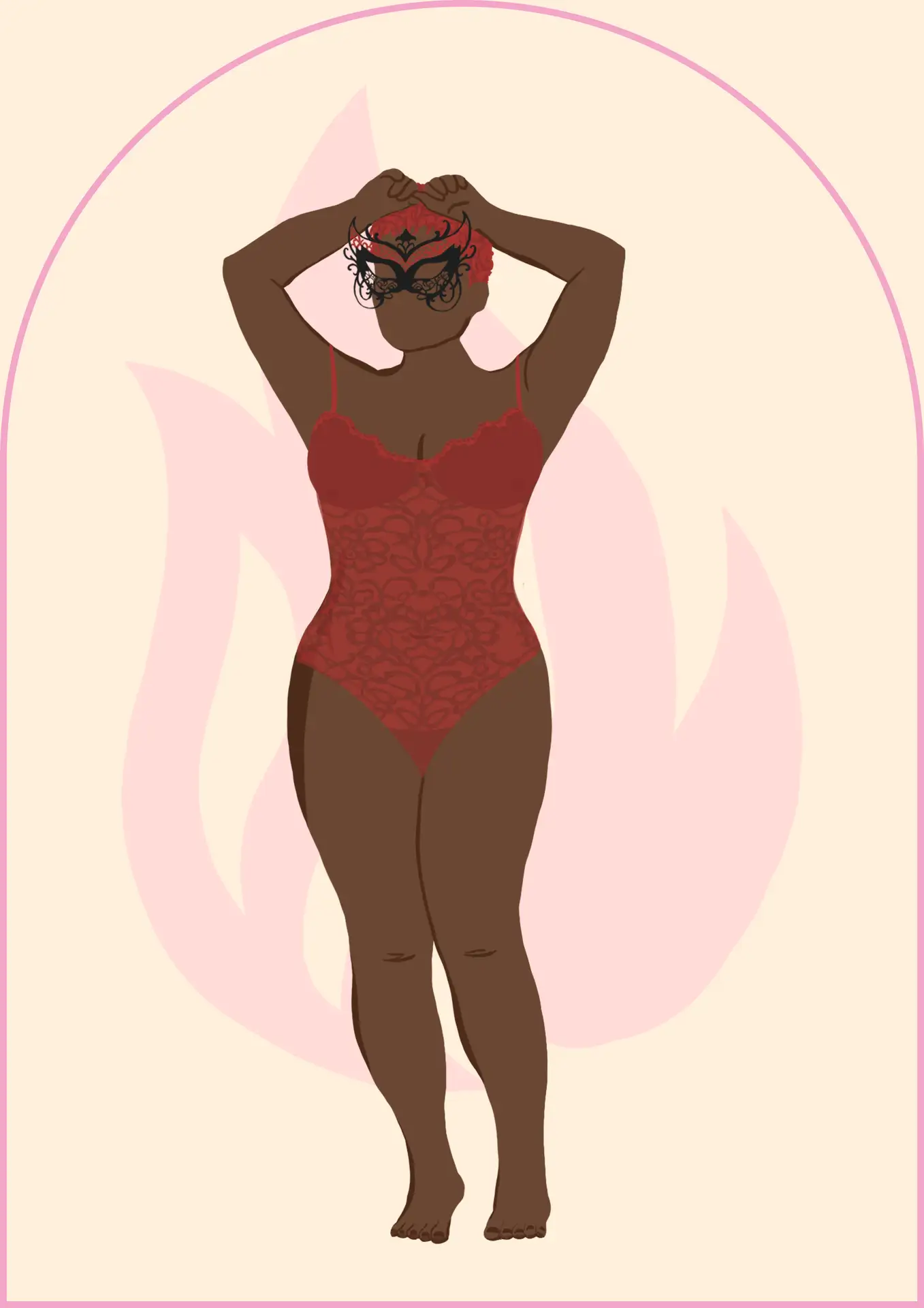 Illustration de la Sexuelle en body dentelle rouge avec masque vénitien – profil sexuel maman assumée et passionnée