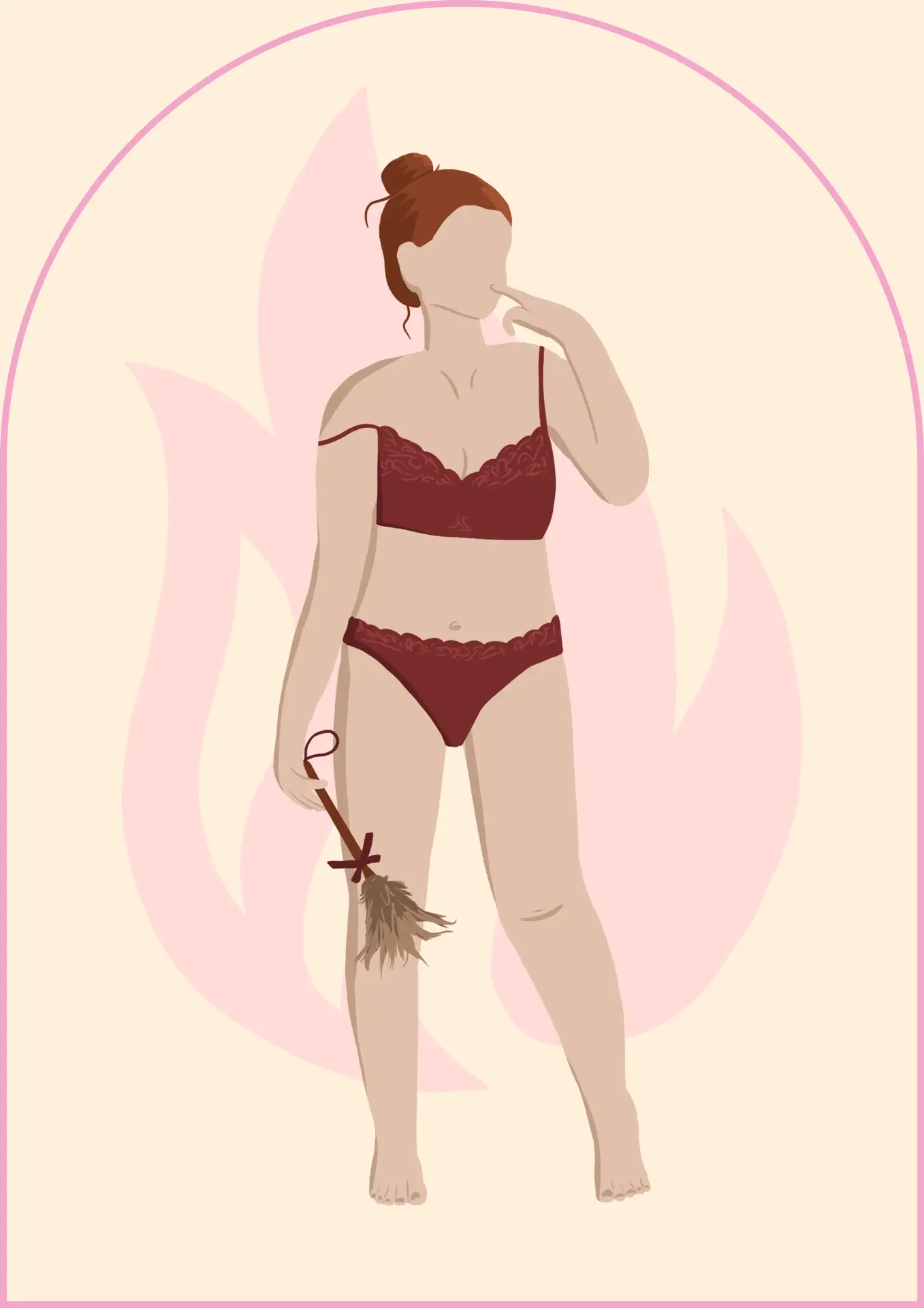 Illustration de la Joueuse en lingerie bordeaux tenant un plumeau – profil sexuel maman espiègle et créative