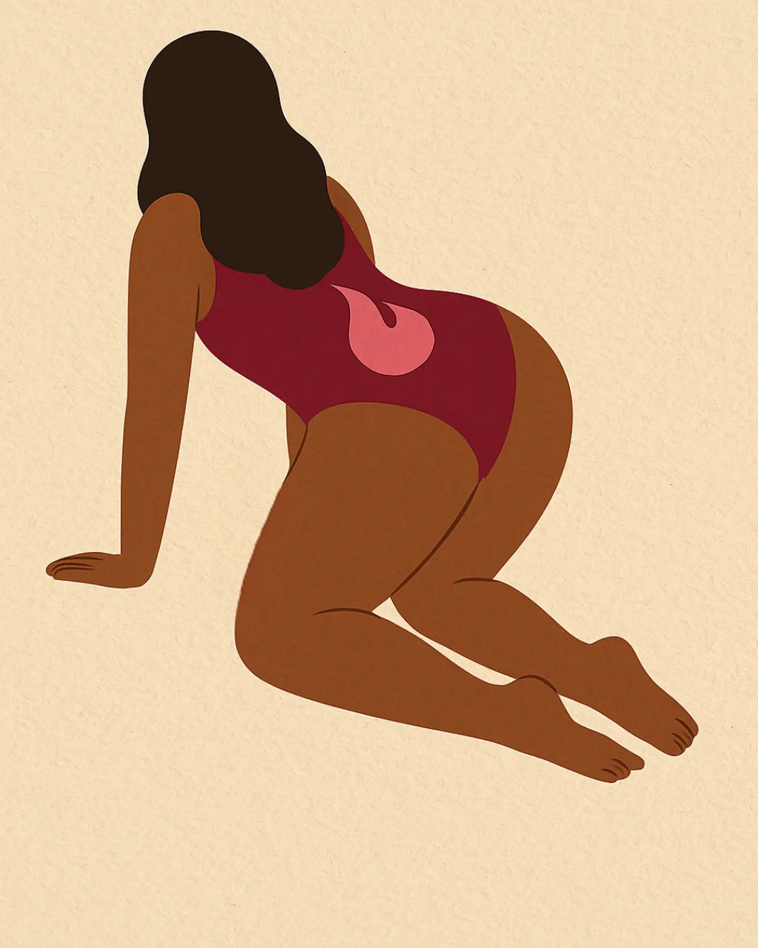 Illustration d'une femme en maillot bordeaux à quatre pattes vue de dos – guide sexualité et plaisir féminin pour les mamans