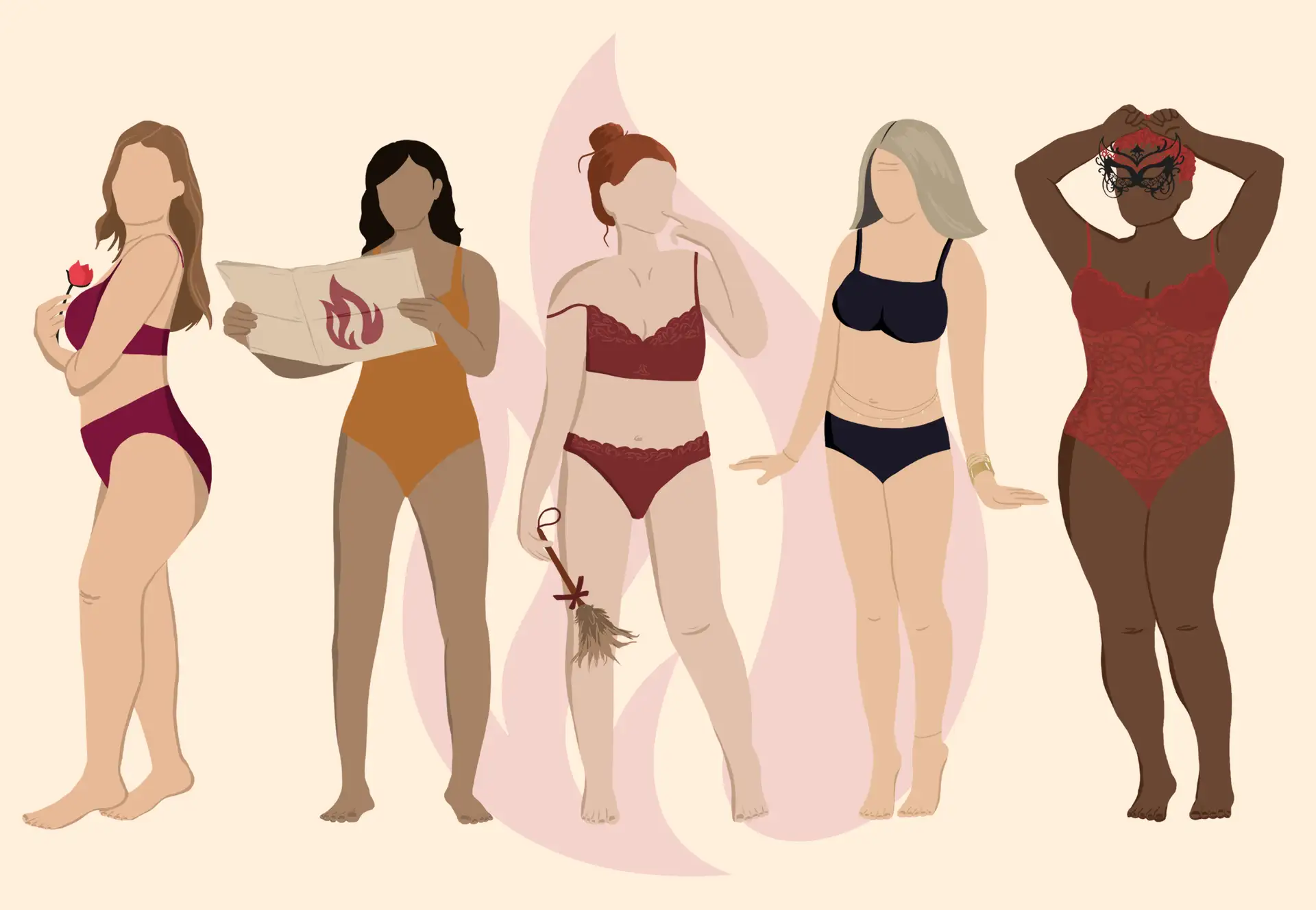 Illustration de cinq femmes aux profils variés en lingerie – quizz sexualité pour découvrir son profil de maman et retrouver le désir