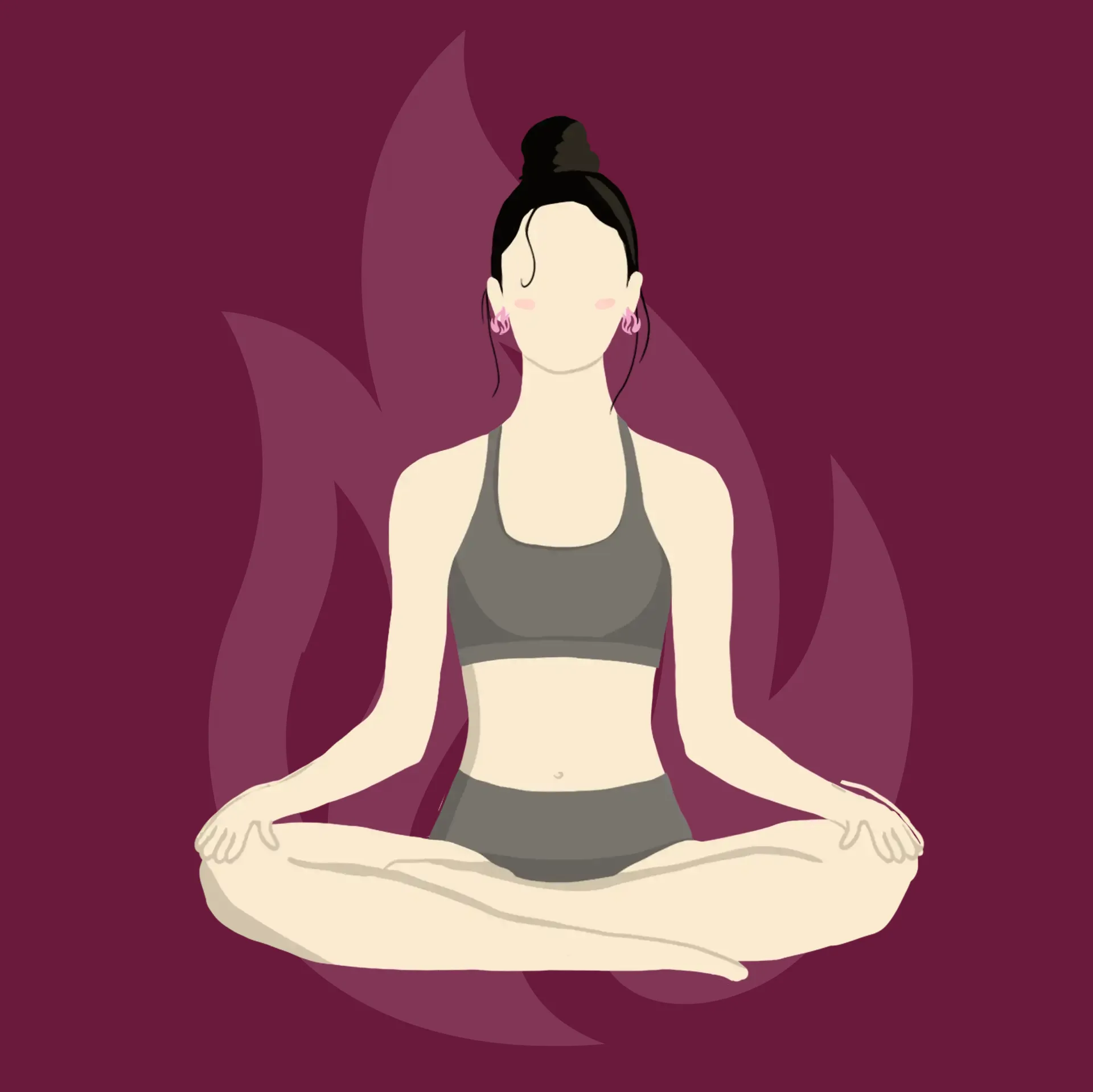 Illustration d'une femme en position de méditation sur fond de flammes – programme bien-être et sexualité féminine pour les mamans