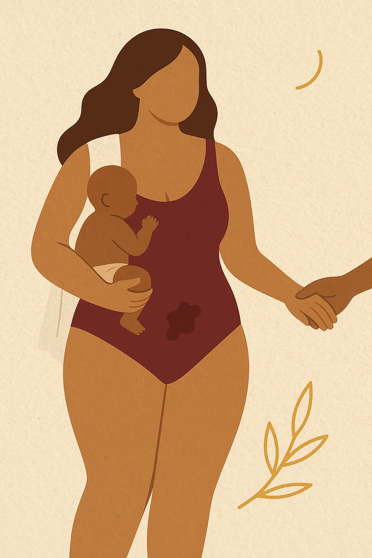 Illustration d'une maman tenant son bébé dans les bras rejoignant la main de son partenaire – reprendre la sexualité après l'accouchement