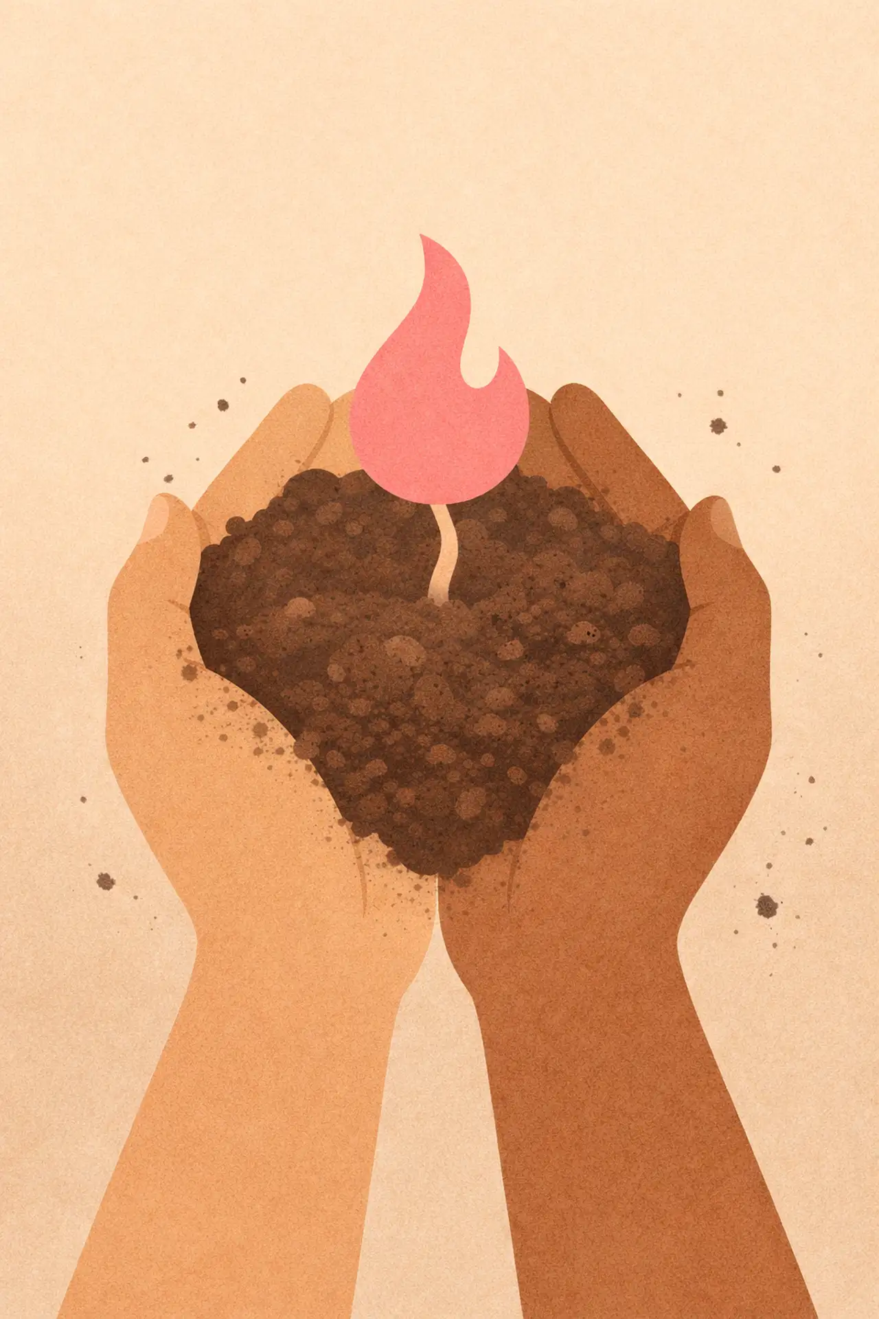 Illustration de deux mains tenant une flamme qui pousse dans la terre – habitudes du quotidien pour entretenir le désir féminin