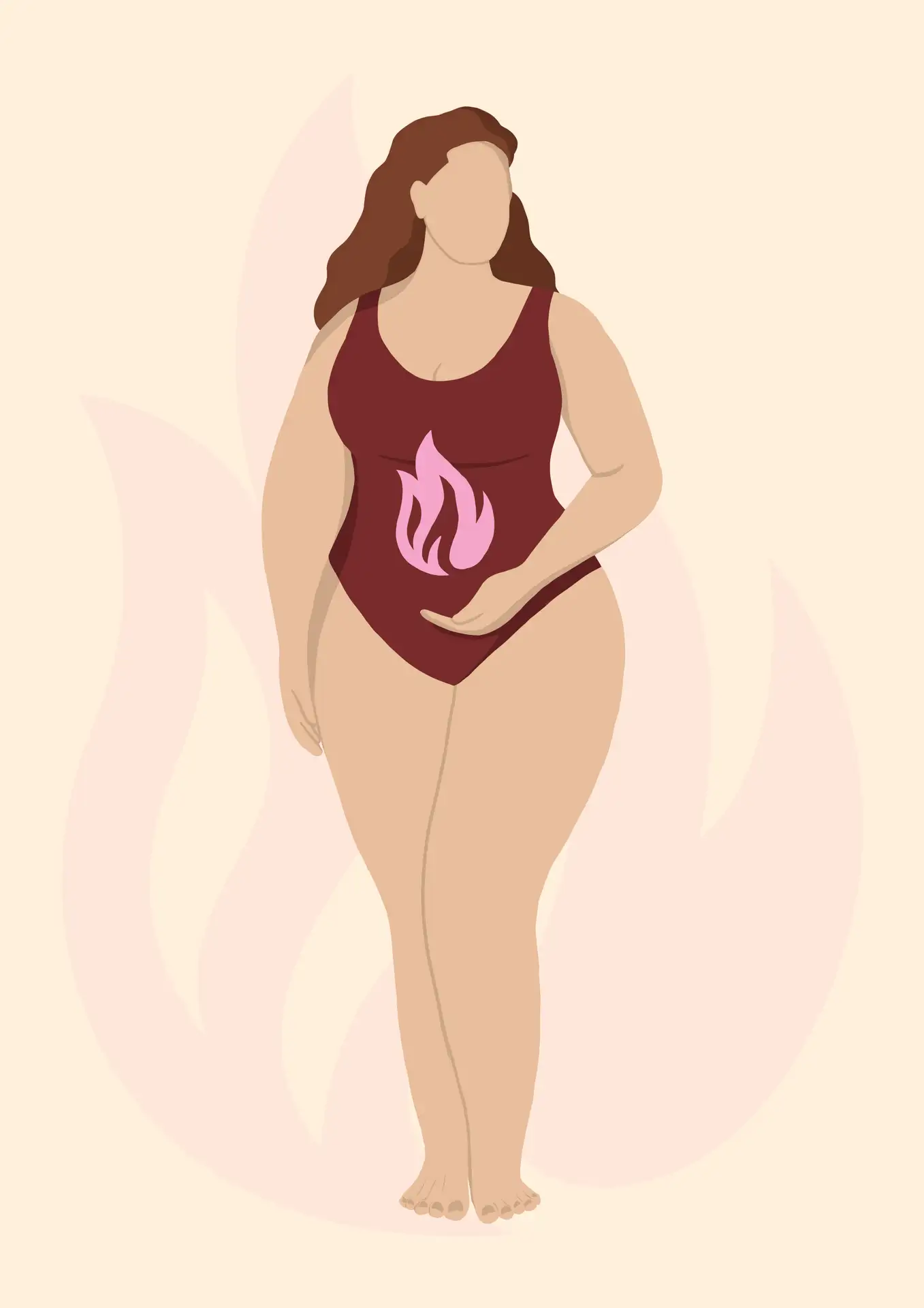 Illustration d'une femme aux formes rondes portant un maillot bordeaux avec une flamme rose, symbole du désir retrouvé pour les mamans