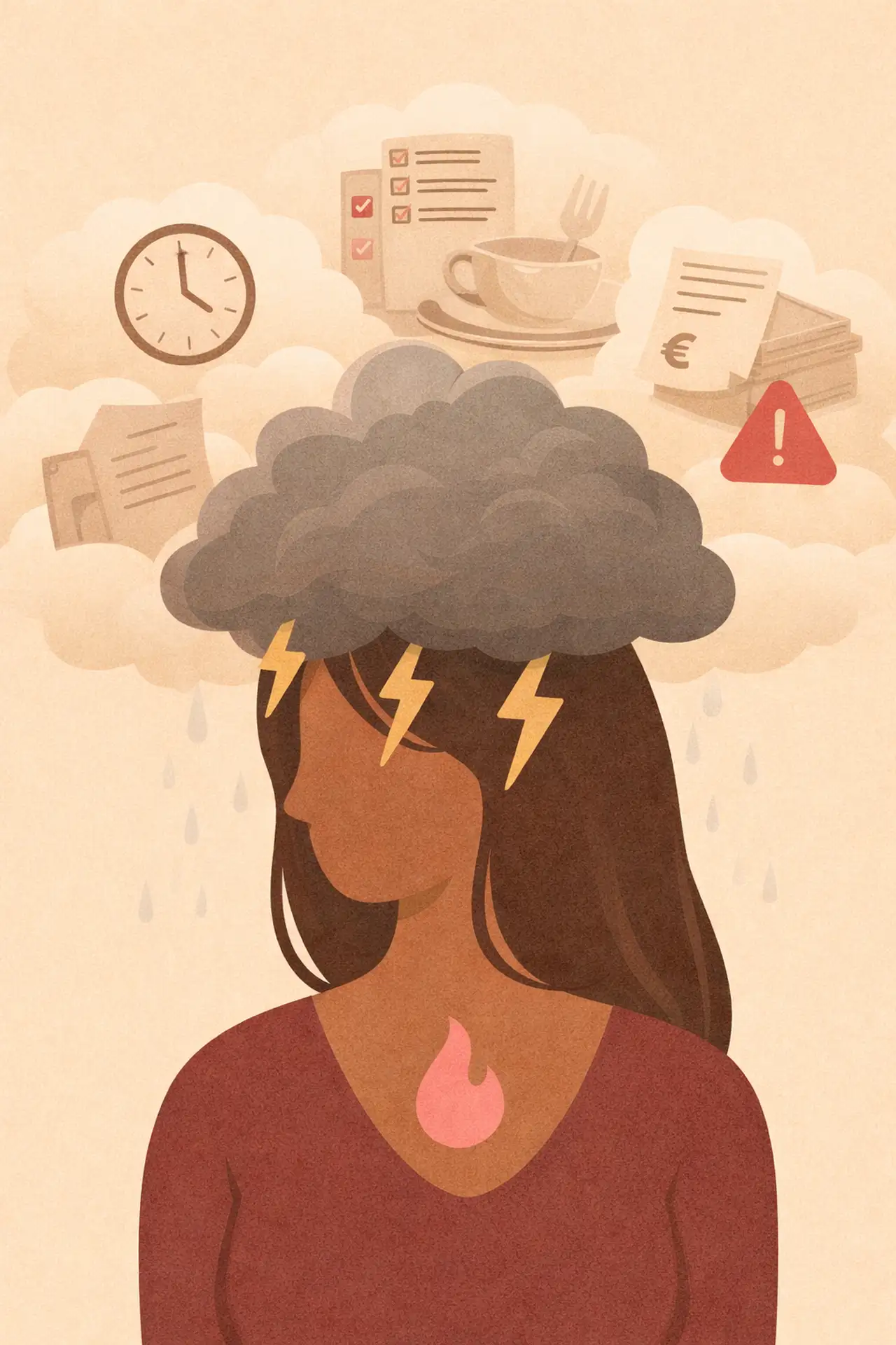Illustration d'une femme submergée par la charge mentale avec un nuage orageux – impact de la charge mentale sur la libido des mamans
