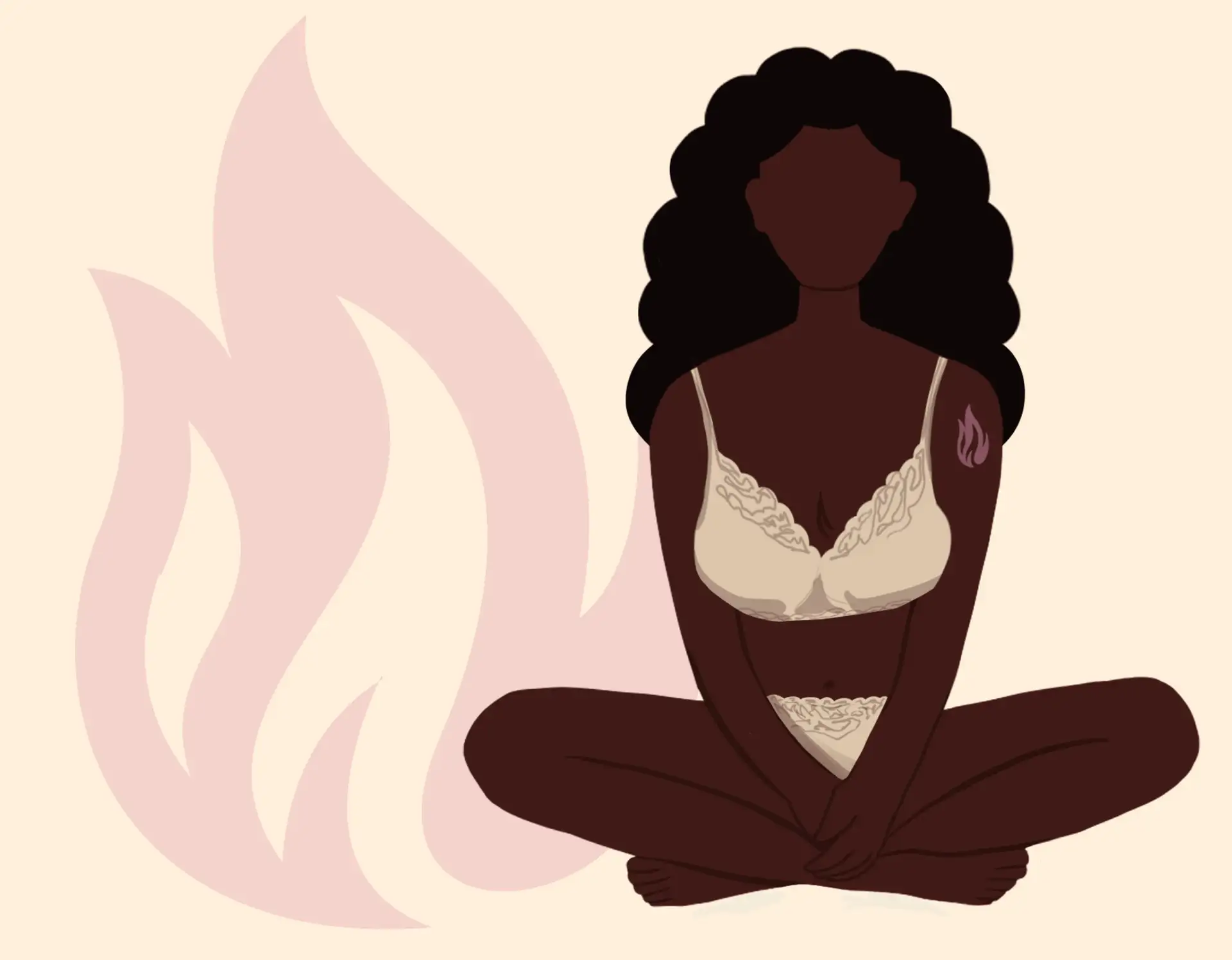 Illustration d'une femme en lingerie dentelle assise en tailleur avec un tatouage flamme – mamanifesto sexualité et épanouissement féminin