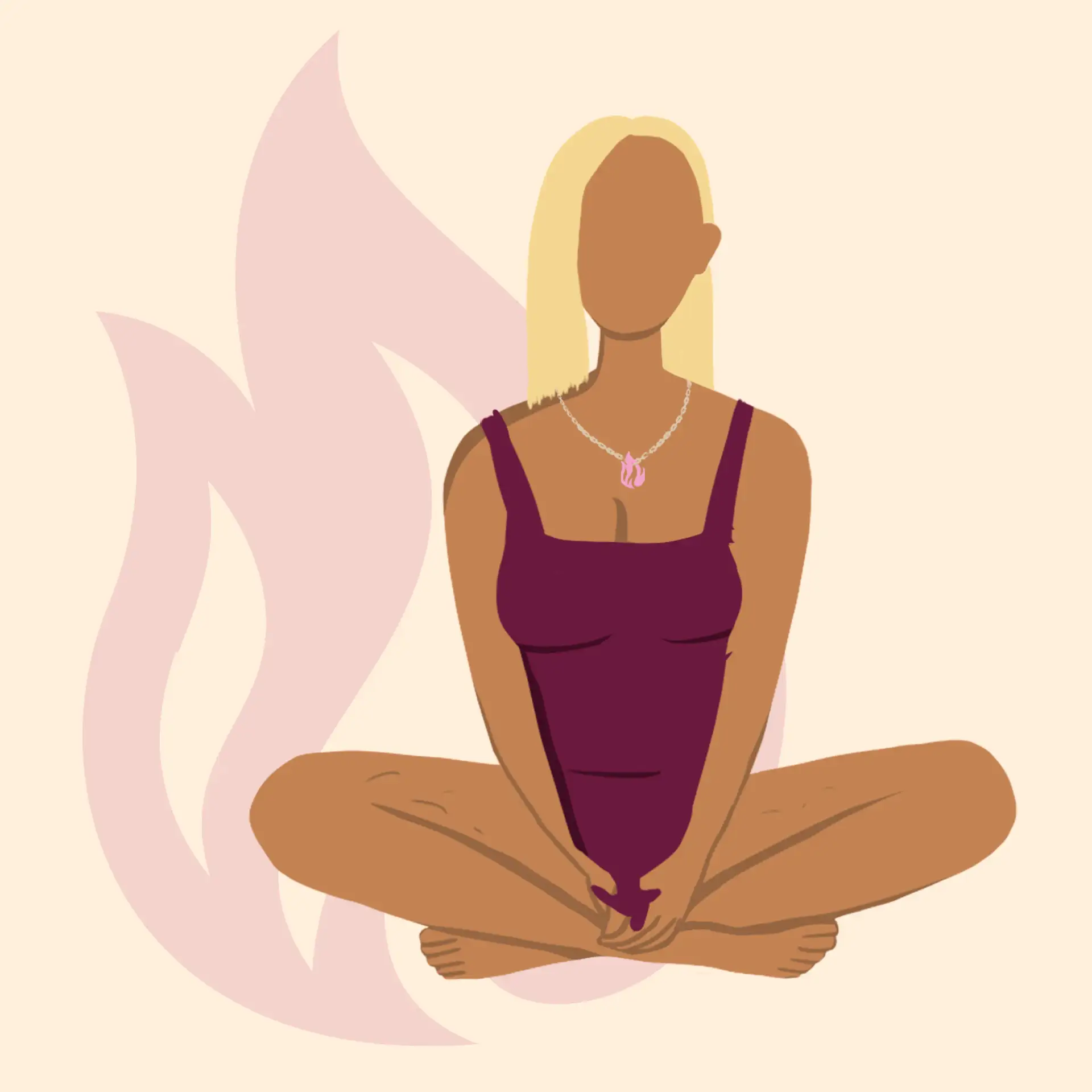 Illustration d'une femme assise en tailleur portant un pendentif flamme rose – programme de sexologie pour retrouver le désir après la maternité